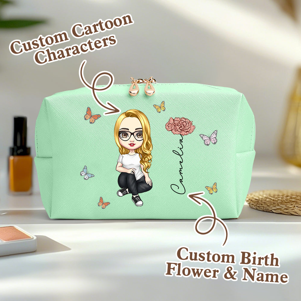 Personalised birth flower make-up bag in pink PU leather with custom name — personalised cosmetic bag gift for her