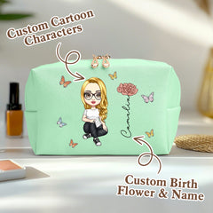 Personalised Cartoon Character & Birth Flower Makeup Bag - PU Leather Cosmetic Organiser Gift