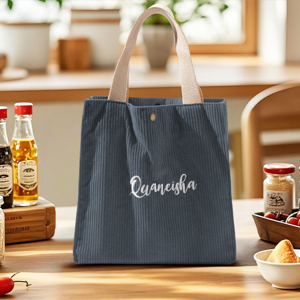 Durable nylon personalised lunch bag with zip closure and top handle – embroidered name mini tote for children