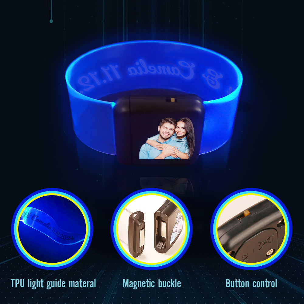 Pack of personalised photo LED bracelets laid flat showing battery compartment and sturdy ABS TPU material for long-lasting illumination up to 12 hours