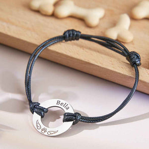 Personalized Engraved Angel Wings Pet Paw Print PU Leather Rope Bracelet Memorial Gift for Pet Lovers