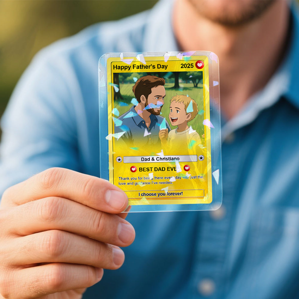 Front view of the personalised Father's Day poke card with dad’s name and message, compact 11 x 7.3 cm card (stand not included).