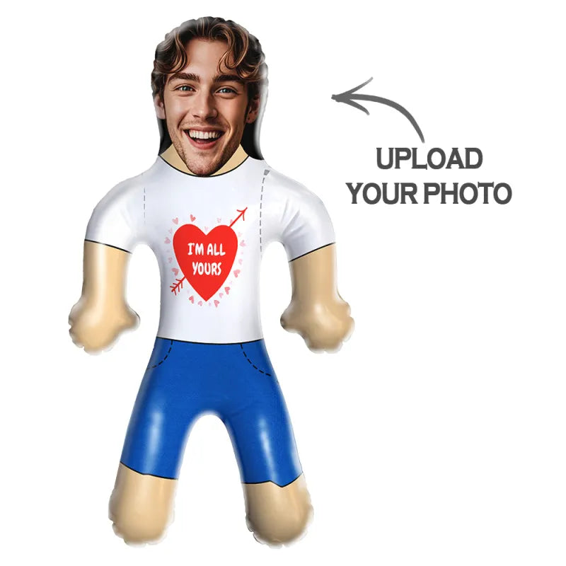 Front view of the personalised blow up doll, showcasing the face print and inflatable design for gifts.