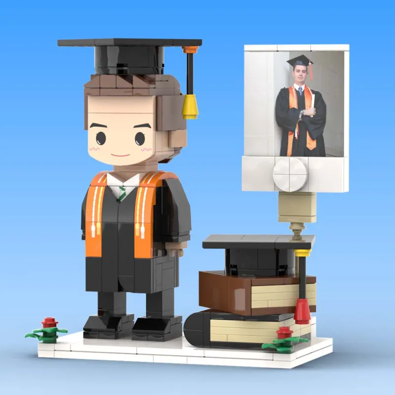 Rear view of a personalised brick figure illustrating hair detail and buildable back design for a bespoke photo gift