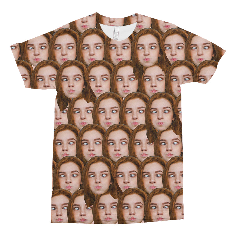 Back and side views of a custom photo unisex t-shirt showing stretchy fit and classic pullover design, sizes S–XXL