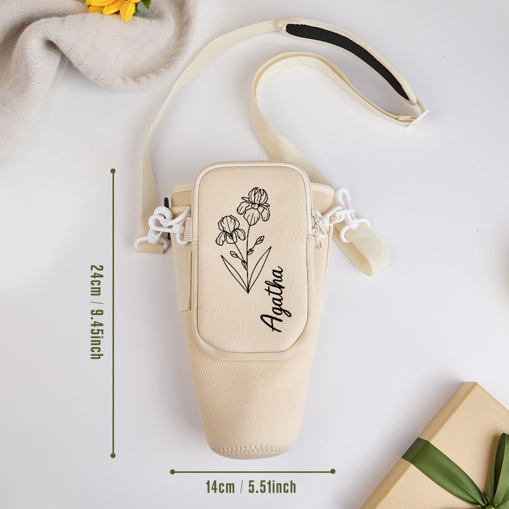 Gift presentation of personalised birth flower bottle carrier wrapped for gifting, perfect personalised present for her on birthdays or Mother’s Day