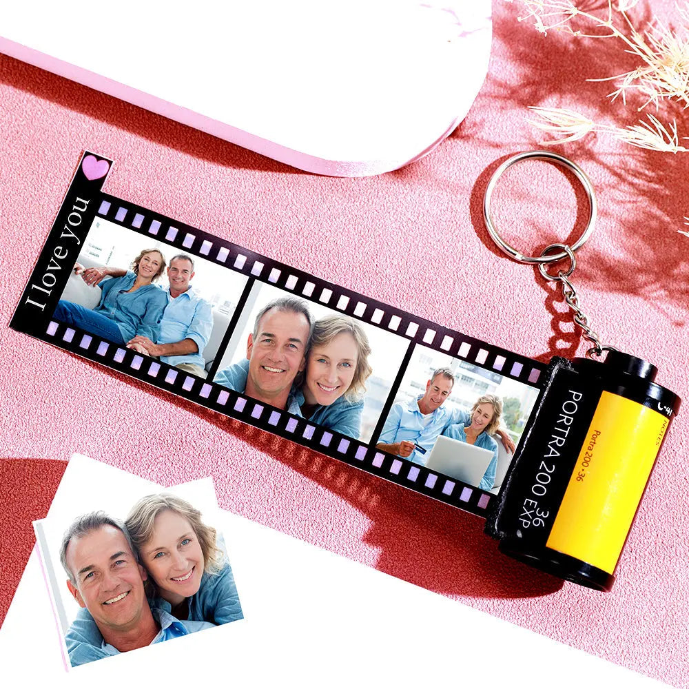 Personalised Film Roll Keychain displaying multiple custom photos on a vintage-style miniature reel — ideal anniversary photo gift