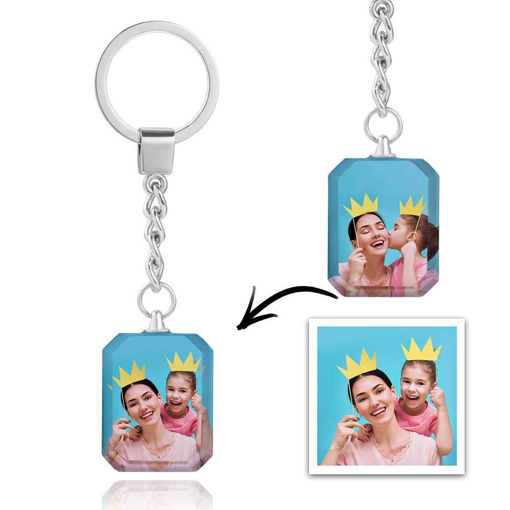 Close-up of custom crystal photo keyring edge and sturdy metal ring highlighting waterproof, durable finish and compact 2.5 x 3 cm photo size