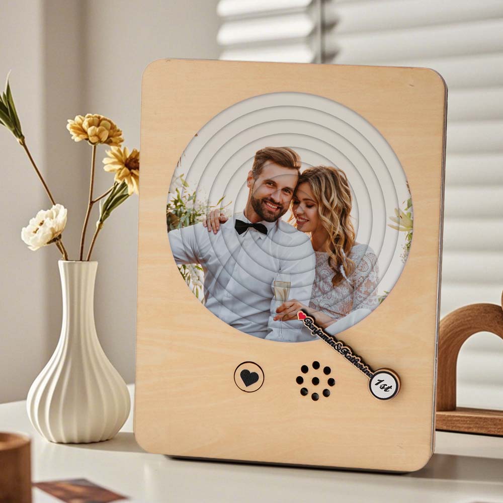 Open personalised photo music box showing black record and MP3 play button — custom photo record player gift