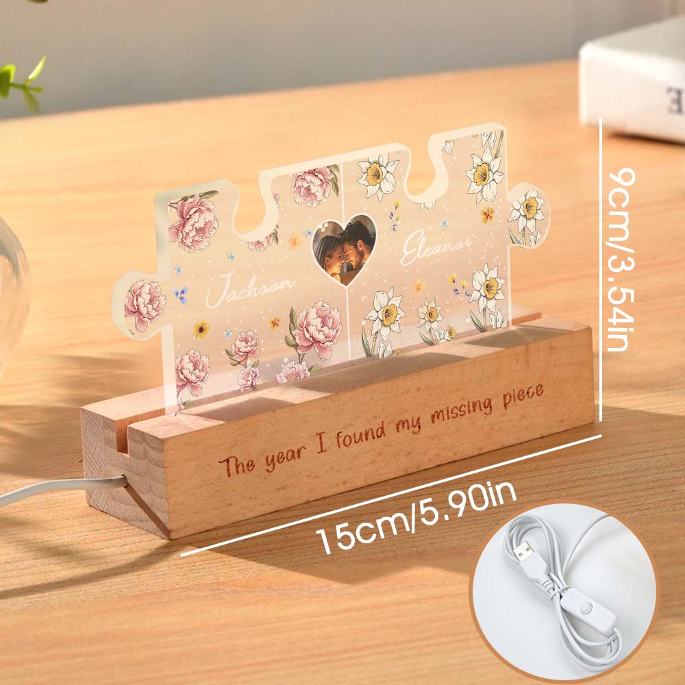Size reference showing personalised couple puzzle night light dimensions 15cm x 9cm (5.9in x 3.54in), compact bedside LED accent