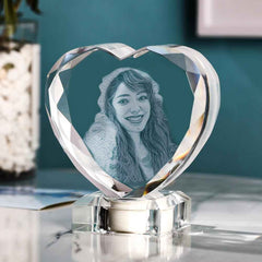 3D Laser Engraved Heart Crystal Photo Frame with Light Up LED Base