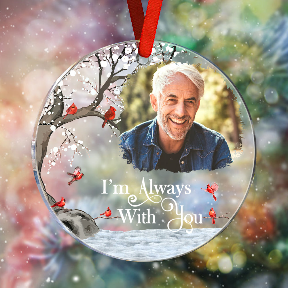 Close-up of personalised acrylic memorial ornament showing printed photo and glossy finish, ideal memorial gift