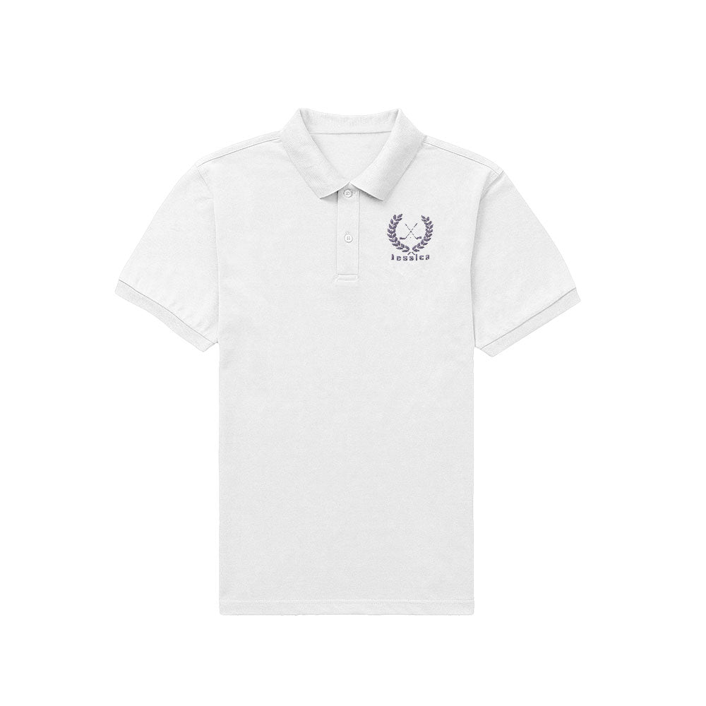 Close‑up of embroidery on personalised polo showing clear bright stitching and durable no‑fade thread for a men's custom name polo