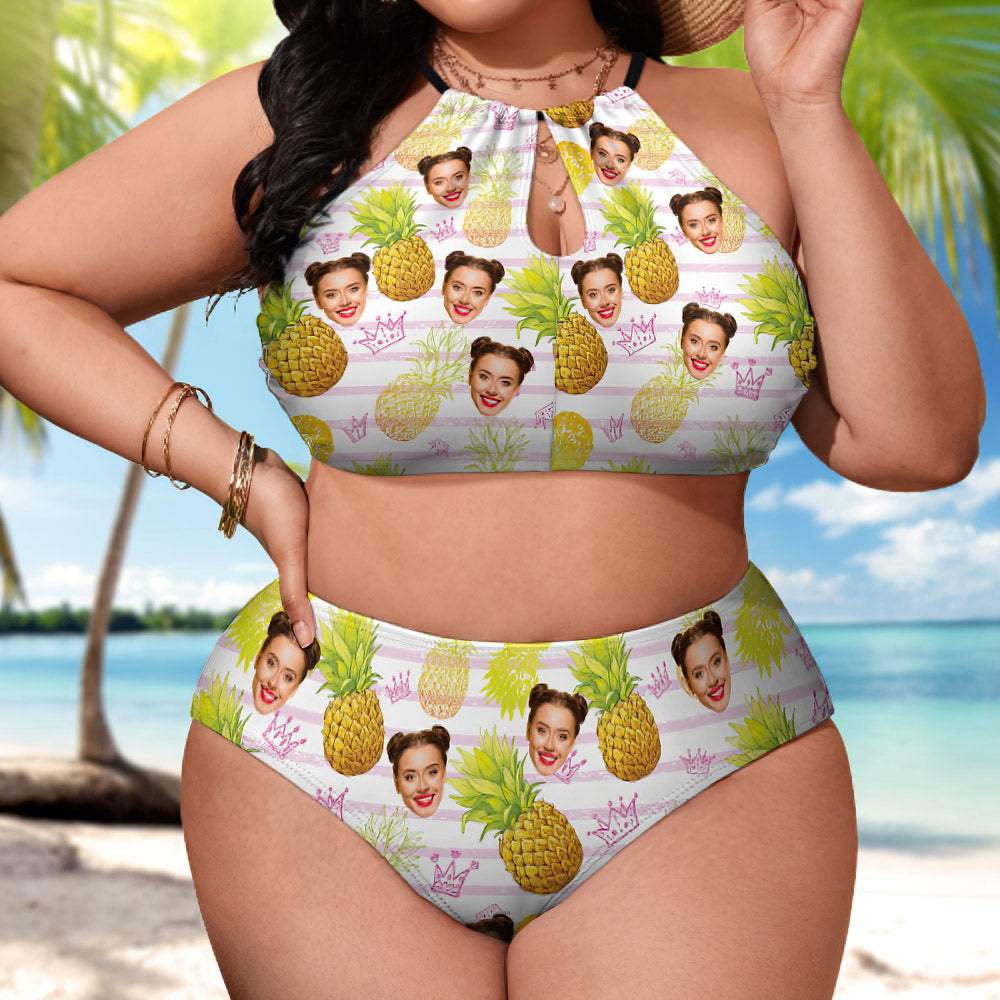 Front view of personalised pineapple custom photo plus-size high-waist bikini — halter top with flattering high-waist briefs, personalised swimwear
