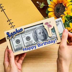 Custom Name & Text Birth Flower Wooden Money Box - Personalized Storage