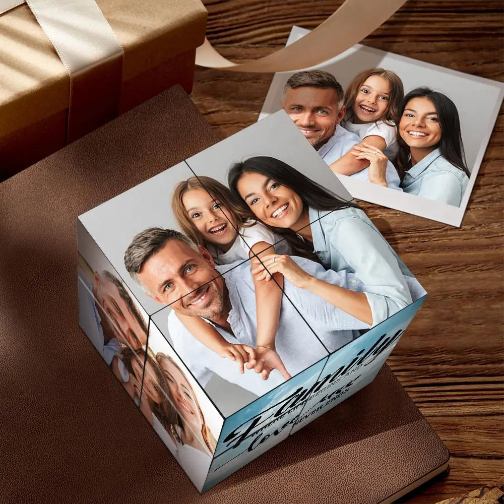 Personalised Photo Magic Cube front view displaying family photos with a subtle sketch effect — custom multiphoto frame gift and compact handmade keepsake