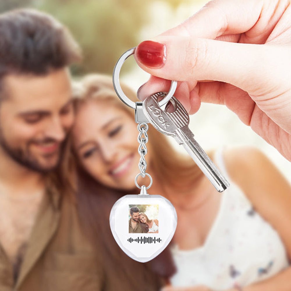 Personalised photo keyring in heart crystal with black and white photo option and waterproof, long‑lasting UV print finish