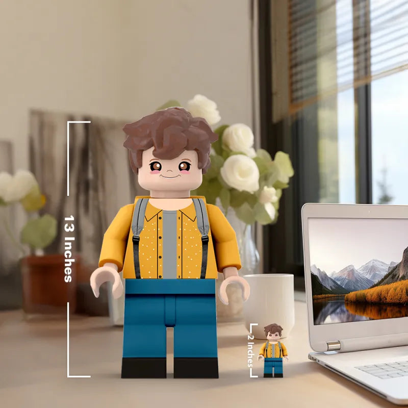 Group display of 3D printed custom giant minifigs in different outfits — personalised photo minifigure gifts ideal for birthdays, graduations and keepsakes