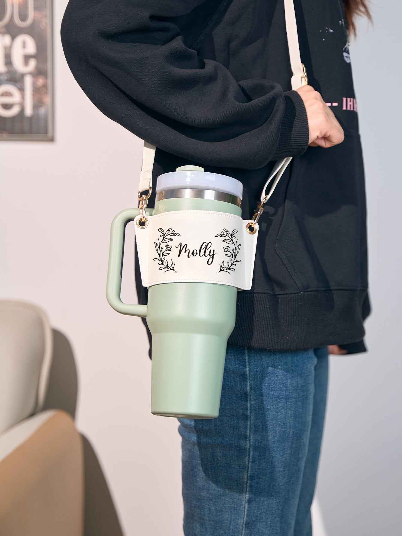 Custom Floral Pattern Water Bottle Carrier Bag with Adjustable Strap for 40oz Stanley Tumbler Gift for Women