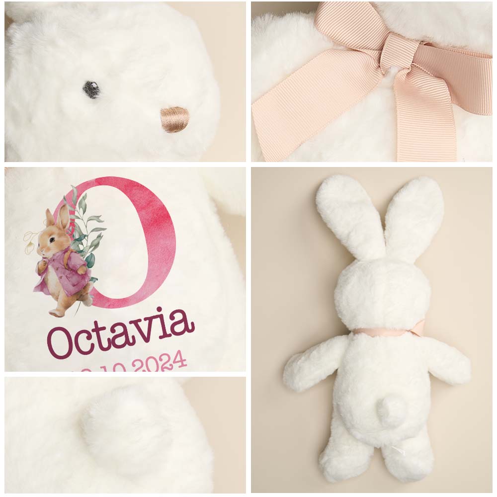 Hand-held personalised bunny plush for babies, lightweight and cuddly with embroidered custom name