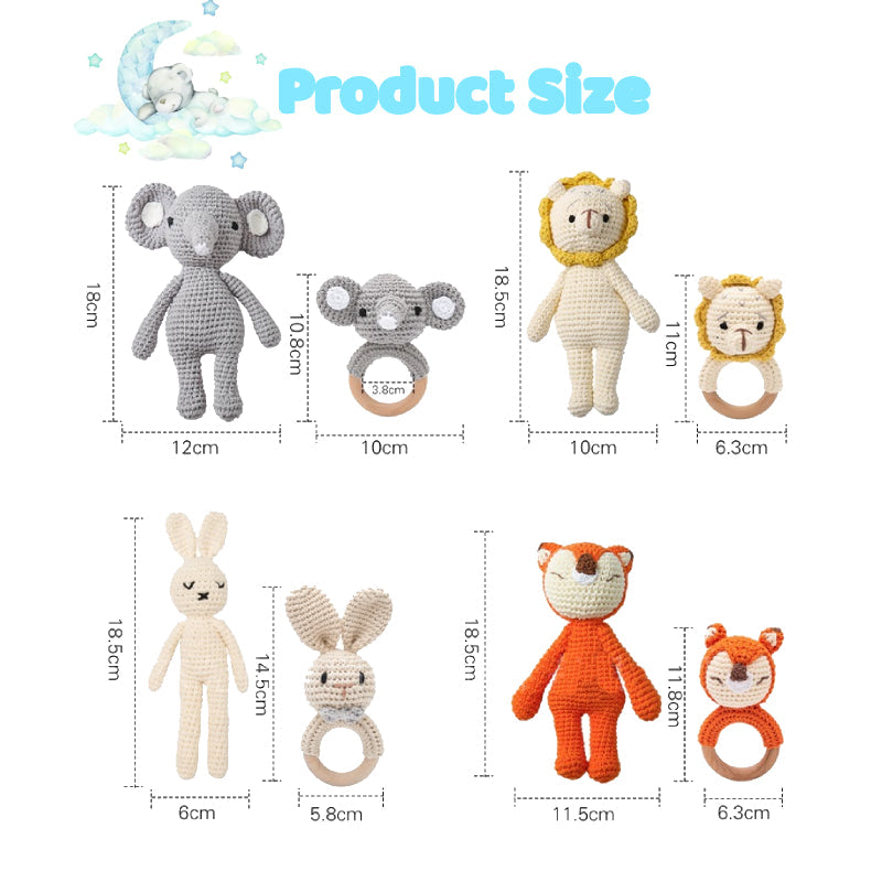 Overhead view highlighting lightweight, easy-to-grasp design of the handmade knitted animal wooden rattle