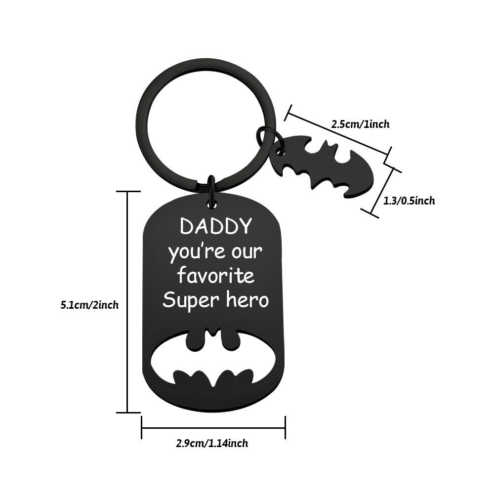 Detailed engraving of kids' names on stainless steel Superhero Daddy Keyring, personalised name gift for father