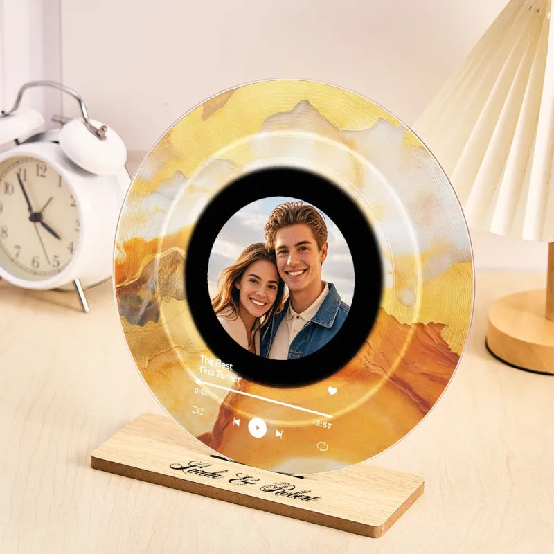 Personalised photo and song plaque showcased in a living room setting – bespoke vinyl record keepsake ideal for weddings and anniversaries