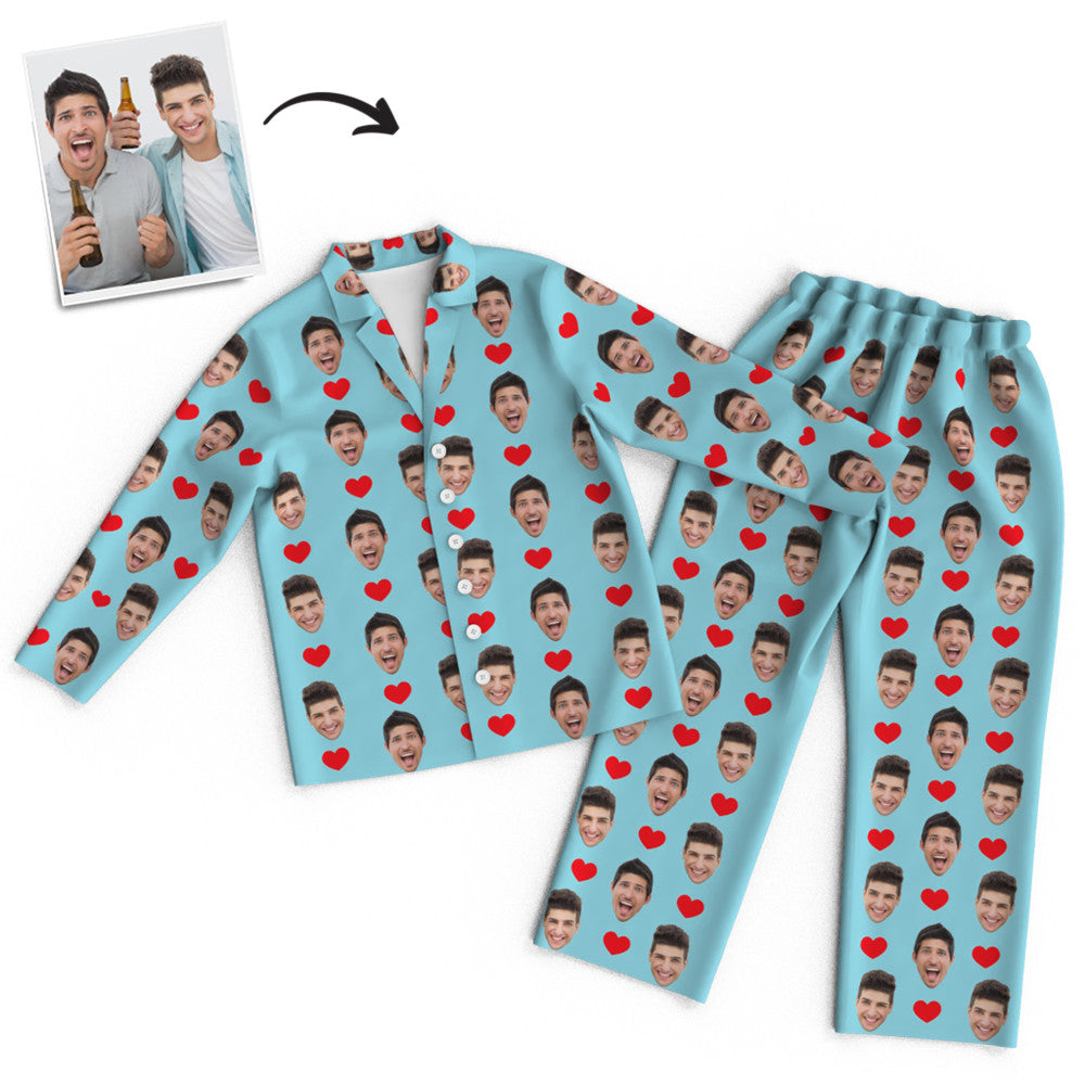 Front view of personalised face pyjamas on model — unisex long-sleeve buttoned top and matching trousers, perfect custom photo gift for birthdays and anniversaries