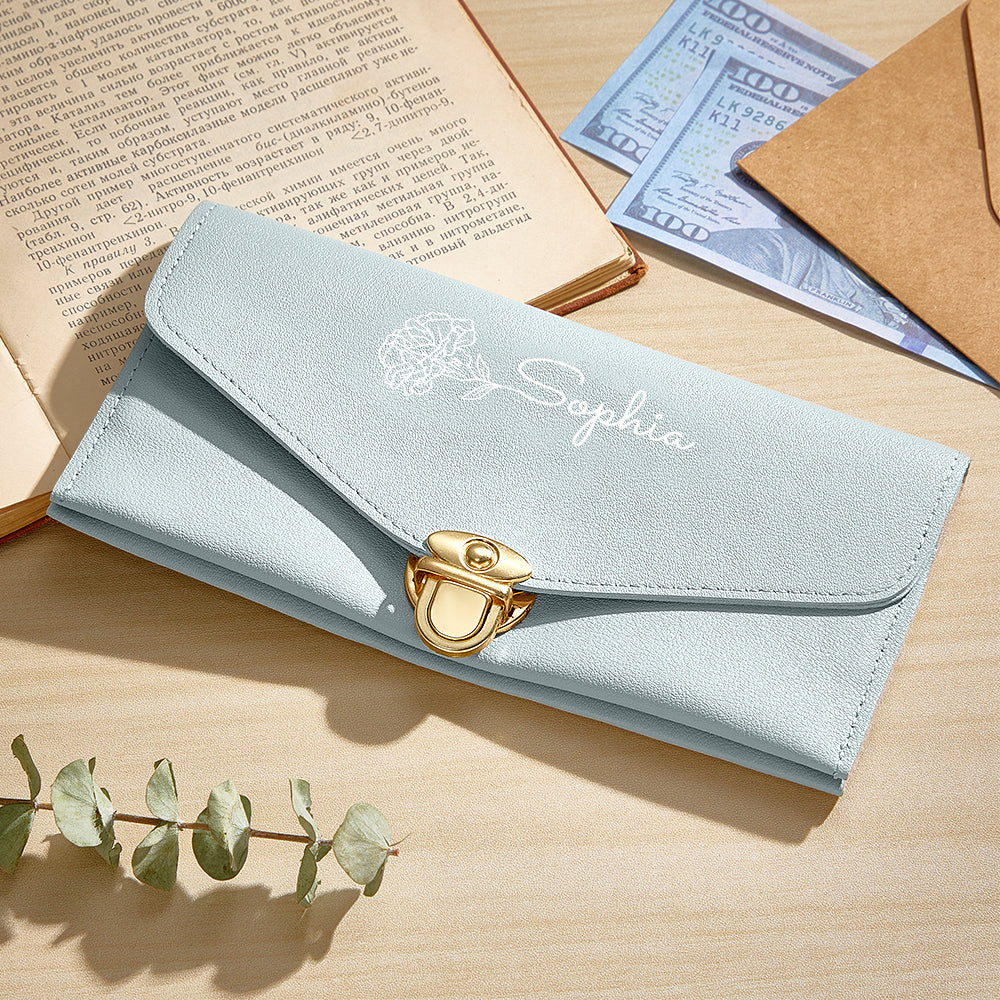 Gift presentation of personalised wallet in an elegant box – perfect personalised graduation or birthday gift for her