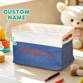 Personalised Linen Storage Basket with Name - Custom Toy Organiser Bin for Children