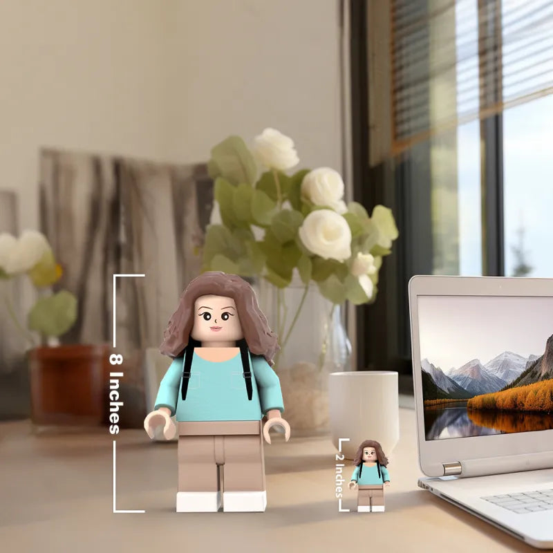 Close-up of a custom giant minifig showing detailed printed clothing and pattern, personalised photo minifigure in eco-friendly PLA