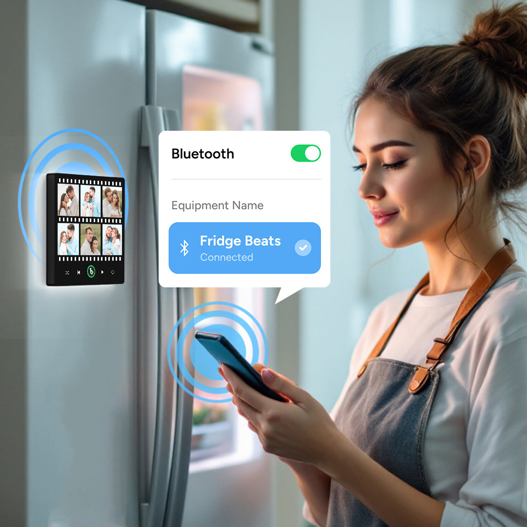 FridgeBeats Framed 4.0 on a kitchen fridge playing a personalised song — lifestyle shot showing sentimental, customised music gift in use
