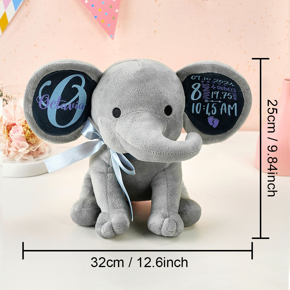 Another view of the personalised elephant plush head with hairstyle options for proofs.