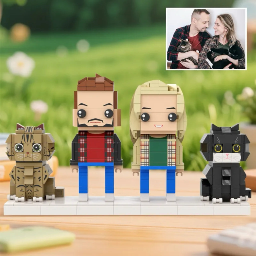 Personalised full‑body brick figures of a couple with two cute cats on white background — custom 2‑person brick‑style keepsake, ideal anniversary or birthday gift