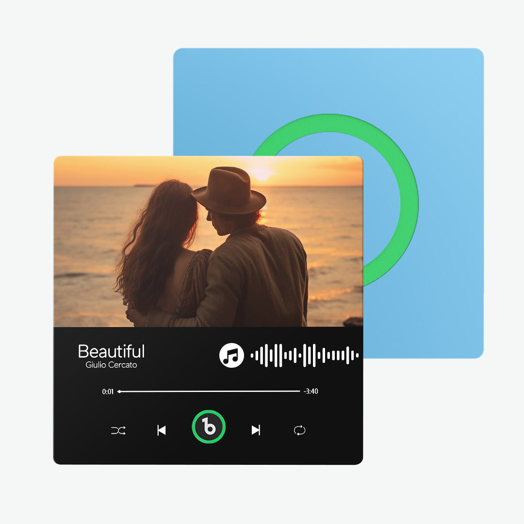 Gift-ready FridgeBeats personalised album fridge magnet with charging cable and presentation box — ideal anniversary present