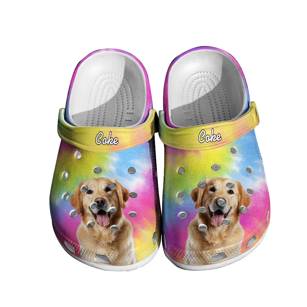 Close-up of colourful personalised pet face print on rubber clogs, showing detailed fur texture and custom name