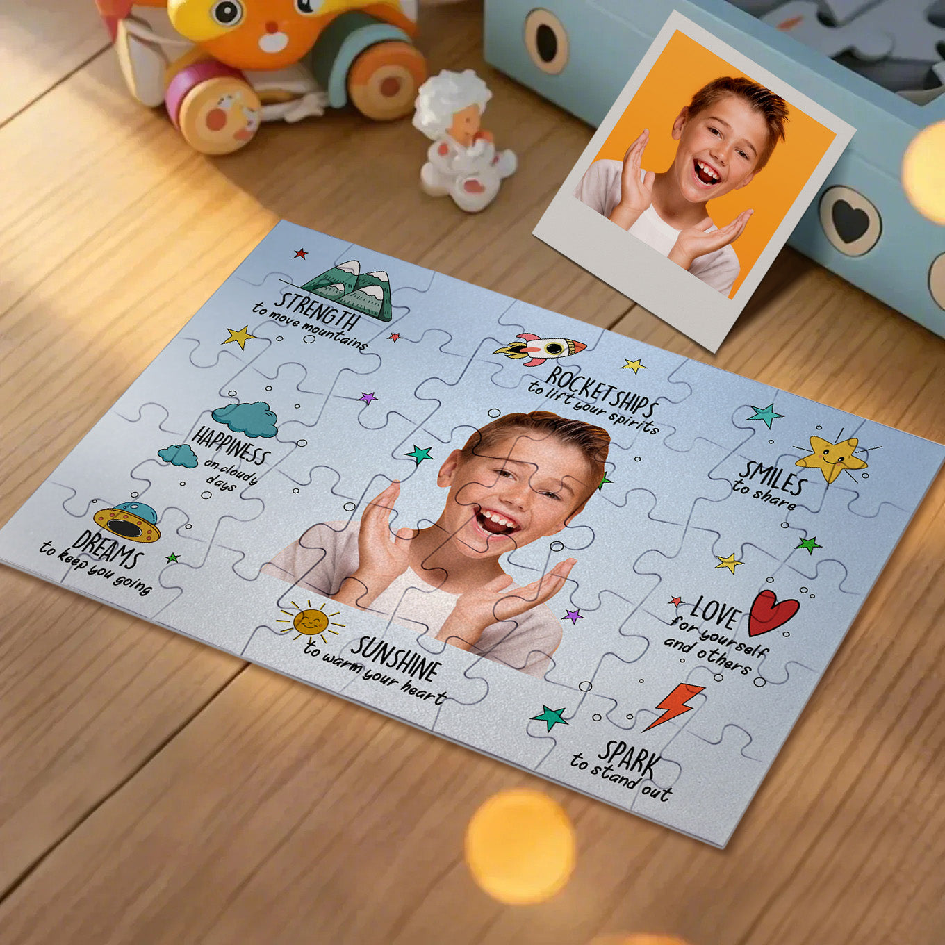 Child completing a personalised photo prayer jigsaw puzzle, promoting fine motor development and reflective play – a thoughtful keepsake for girls and boys