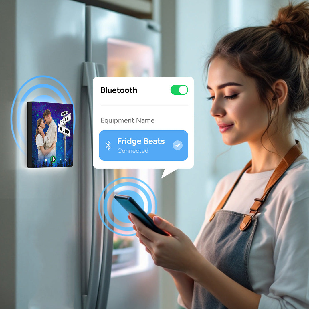 Side view of FridgeBeats Frameless 4.0 showing slim 10 cm acrylic profile and durable, waterproof construction