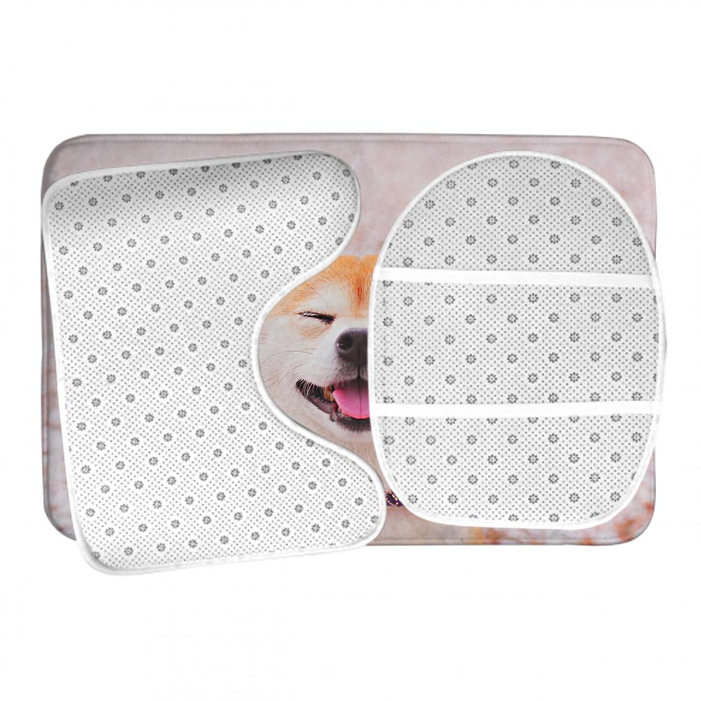 O-shaped toilet-cover mat paired with matching rugs — coordinated personalised bathroom décor, custom photo printed on absorbent flannel