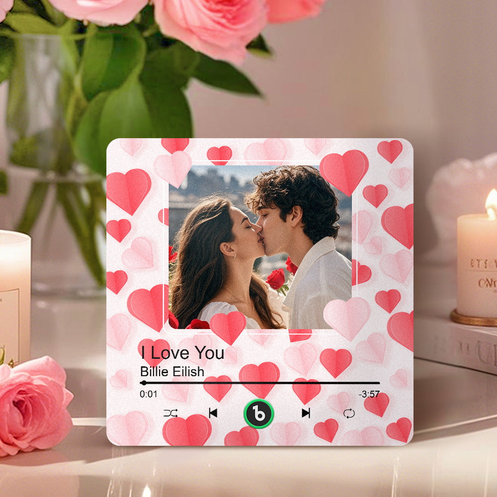 Front and side view of acrylic frameless custom photo magnet, slim 10×10cm profile with heart accents – personalised music fridge magnet