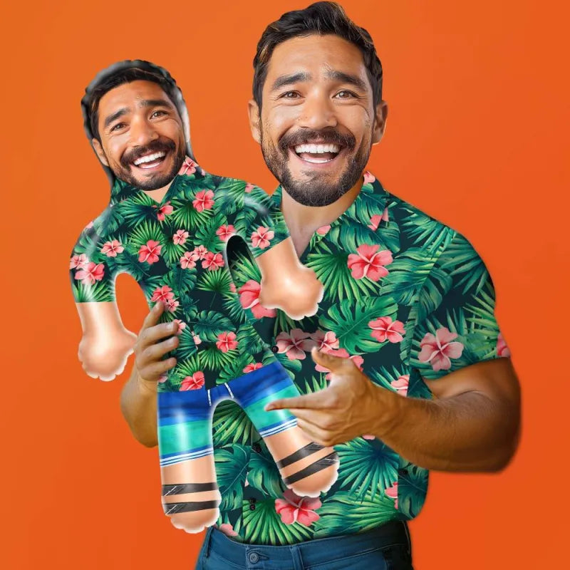 Personalised inflatable doll with a custom photo print, dressed in a tropical Hawaiian shirt, ideal party gag gift.