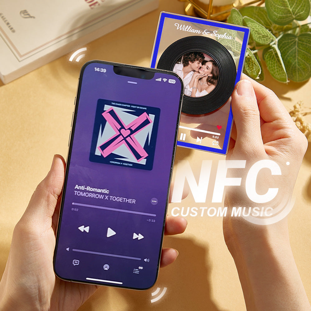 Personalised NFC vinyl record plaque in clear acrylic with rotatable disc, custom photo and engraved text — compact 7×10cm music gift