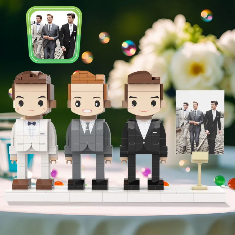 Personalised full‑body groomsmen brick figures (up to three) in tailored suits — custom 3‑person wedding keepsake made from eco‑friendly ABS