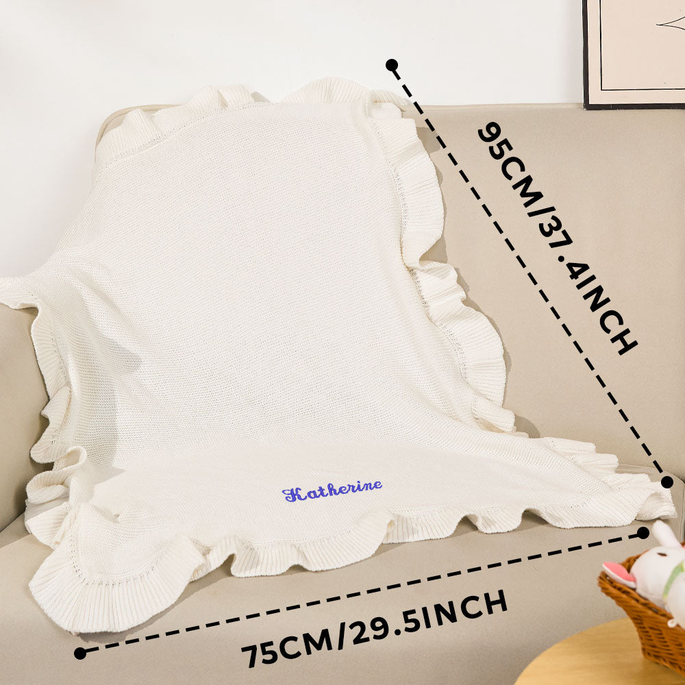 Side view of knitted blanket with embroidered name visible.