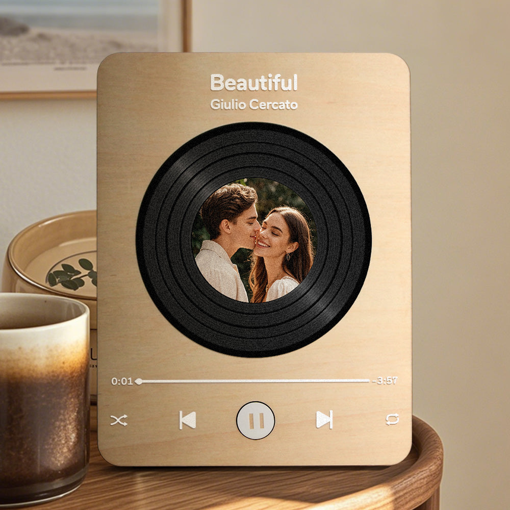 Wood grain detail and premium materials on personalised music record player — handcrafted feel for vintage decor lovers