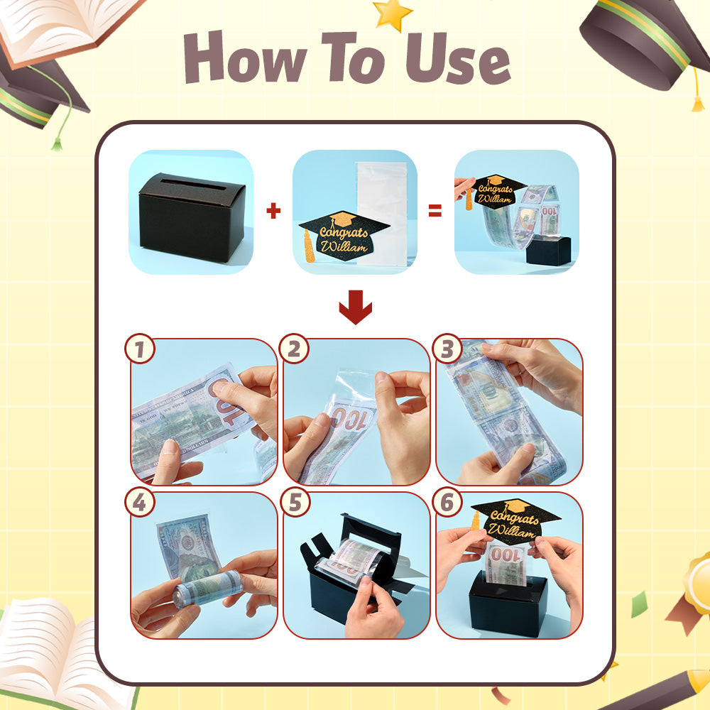 Multiple-angle view of personalised graduation cap money box showing sturdy cardboard and transparent pockets