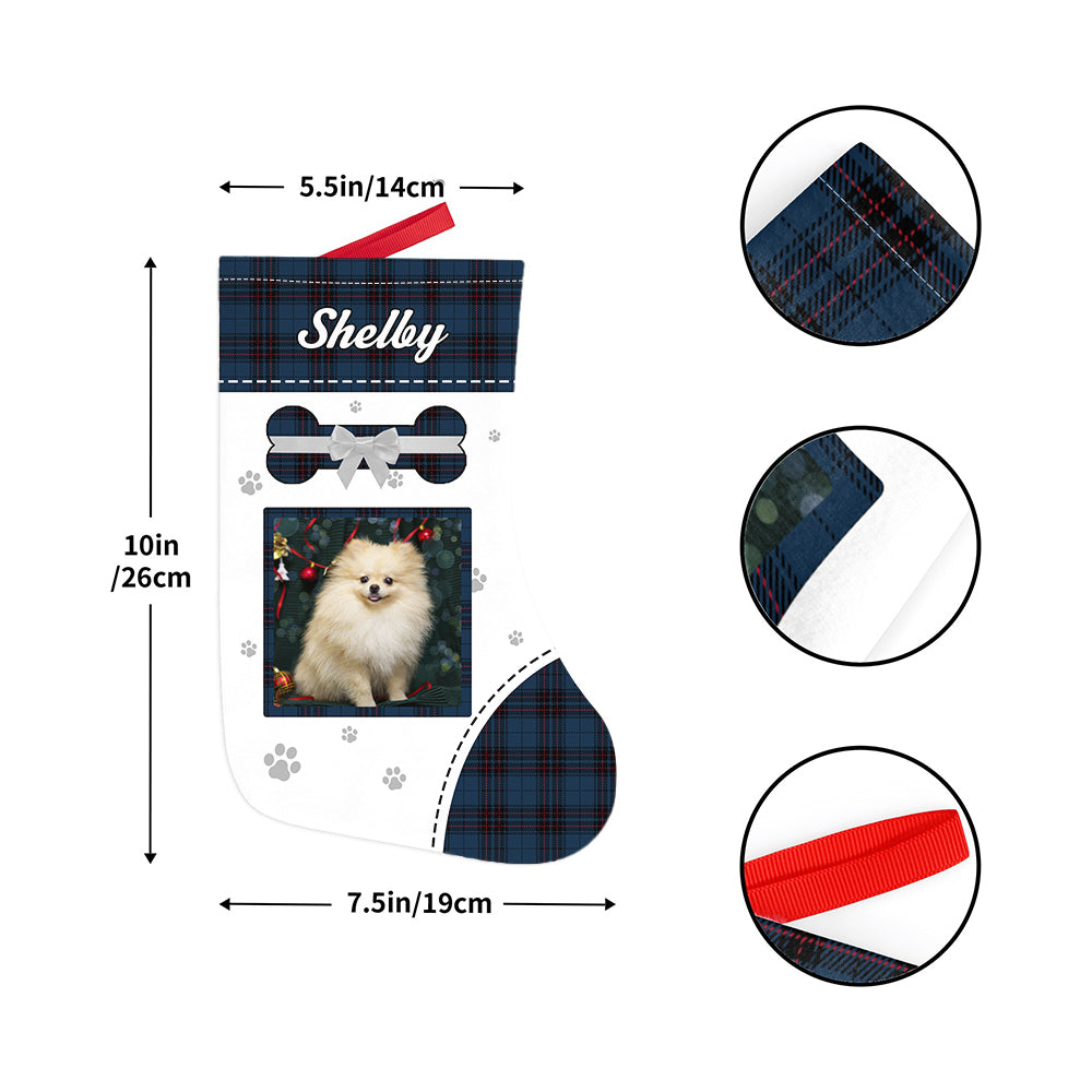 Personalisation mock-up for a pet photo stocking, demonstrating online customisation of photo placement and name text before production