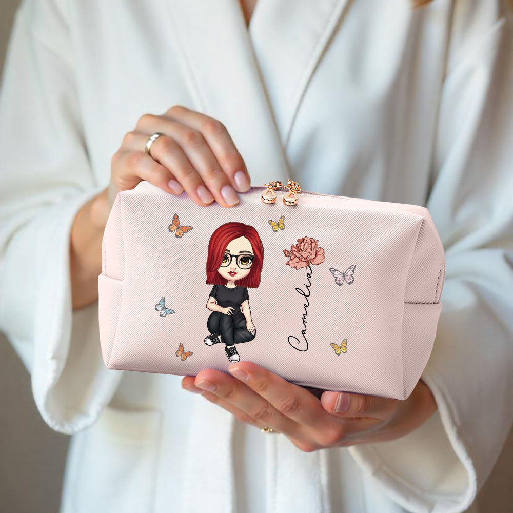 Close-up of personalised birth flower print and custom name on PU leather personalised make-up pouch — high-quality print detail
