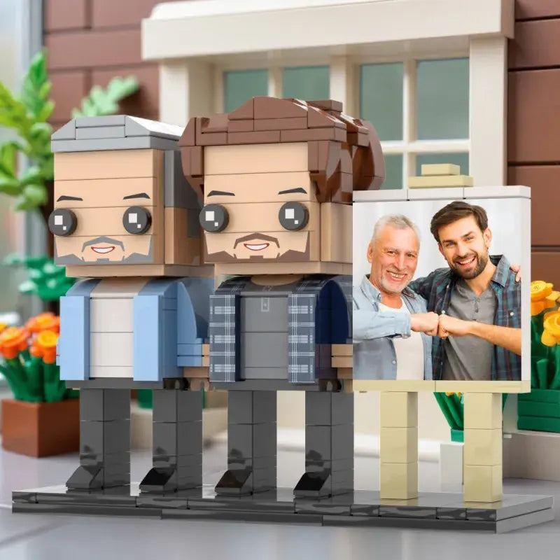 Personalised two-person brick figures displayed on a shelf in a decorative frame perfect gift for dad or husband