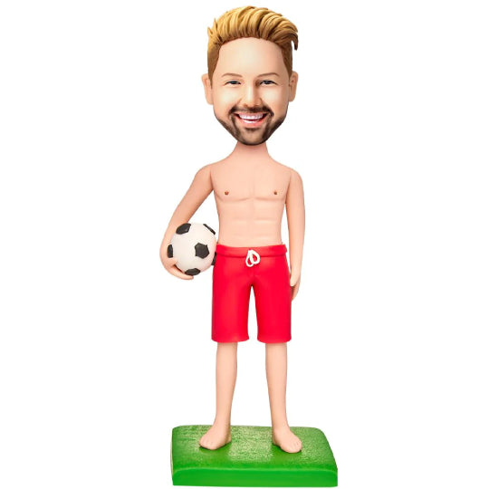 Personalised engraved soccer (football) bobblehead – custom polymer clay figure with personalised head likeness and engraved base for name or short quote, ideal personalised sports gift